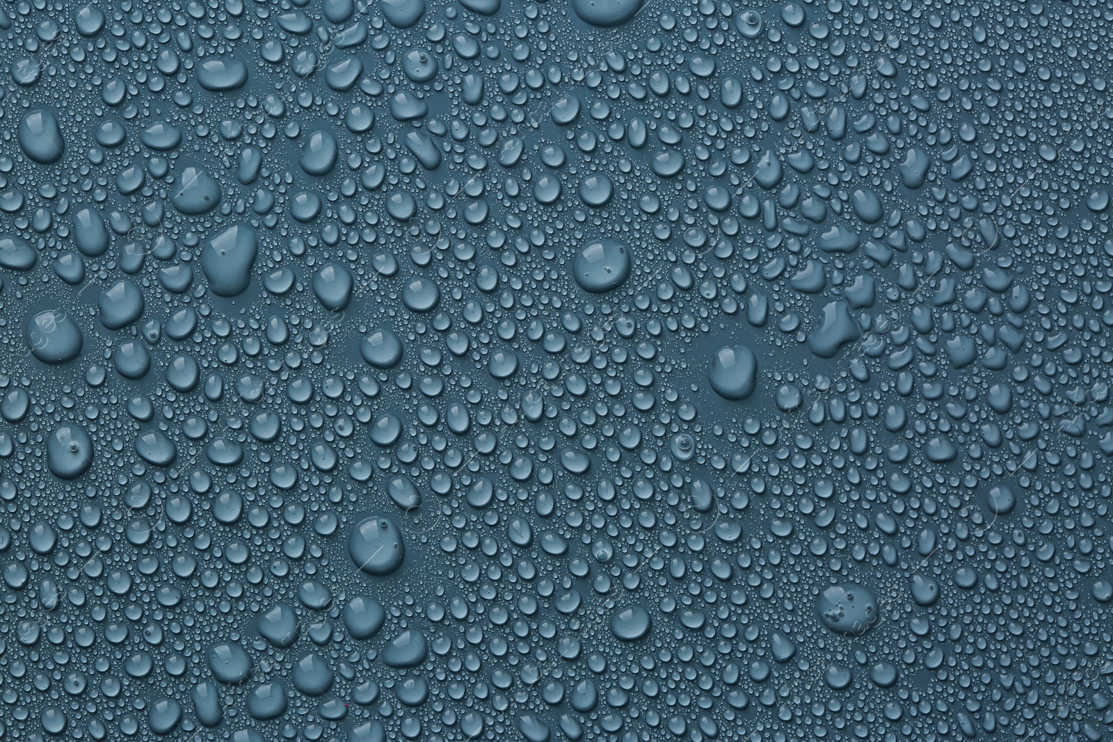 Photo of Many water drops on dark dusty blue background