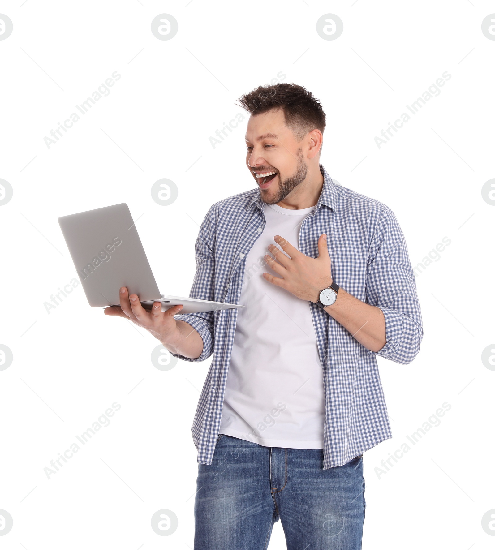 Photo of Happy man with laptop on white background