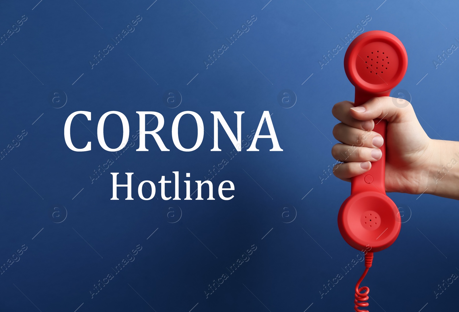 Image of Covid-19 Hotline. Woman with red handset and text on blue background, closeup