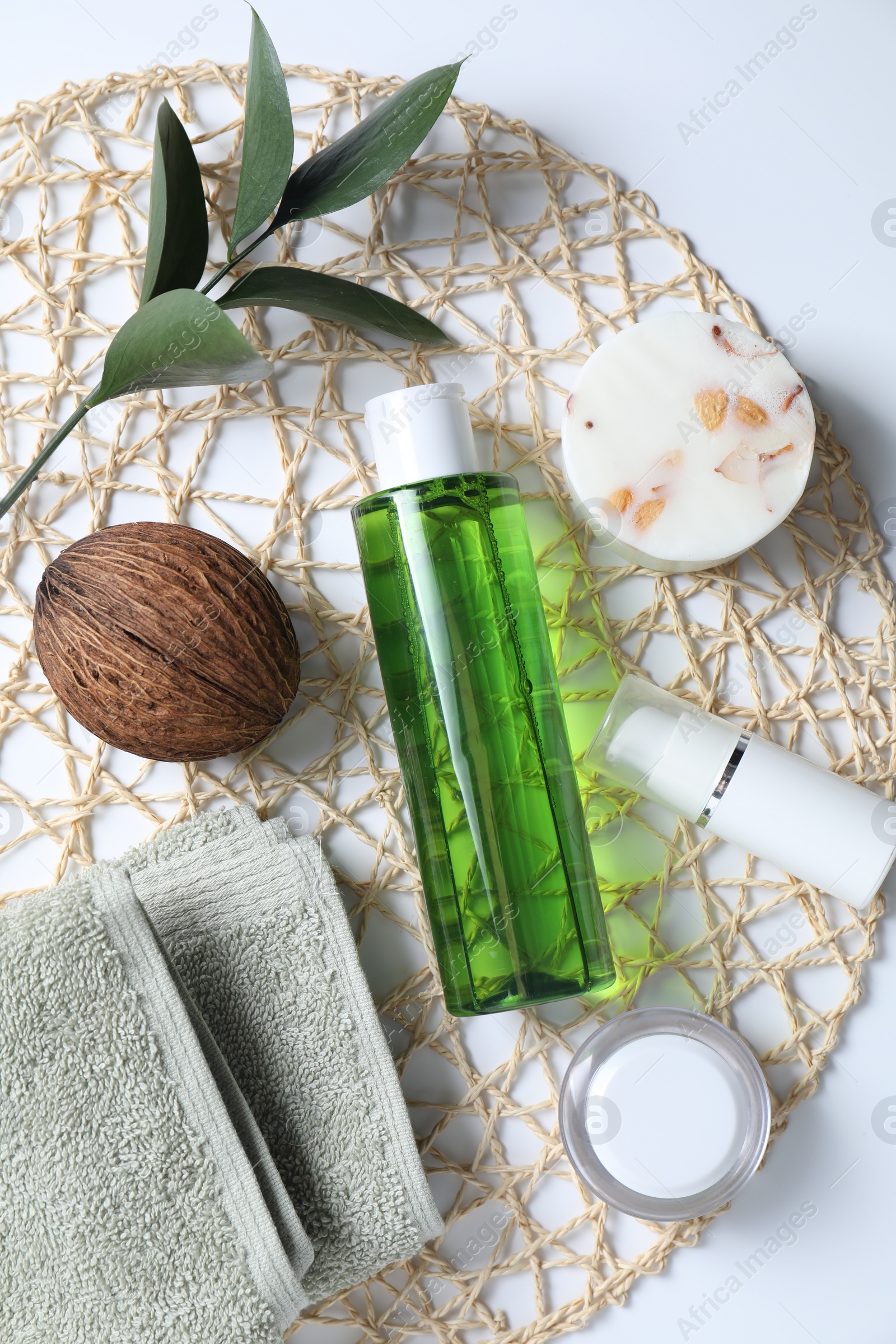 Photo of Bath accessories. Different personal care products on white background, top view