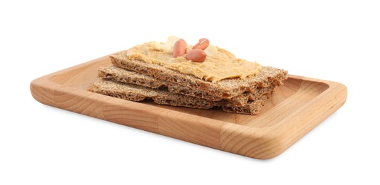Photo of Fresh rye crispbreads with peanut butter on white background