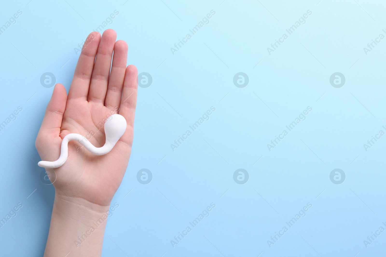 Photo of Reproductive medicine. Woman holding figure of sperm cell on light blue background, top view with space for text