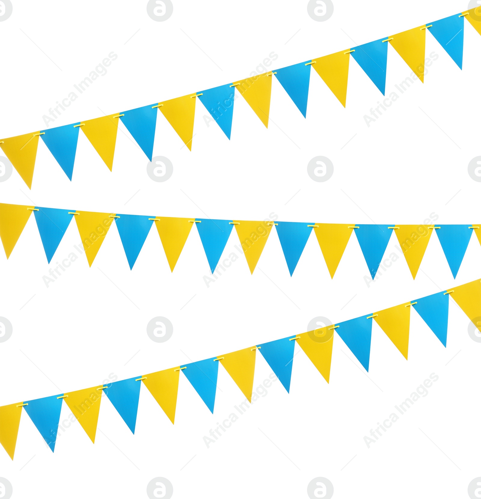 Image of Yellow and blue triangular bunting flags on white background. Festive decor