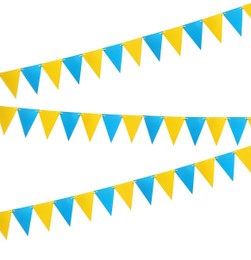 Image of Yellow and blue triangular bunting flags on white background. Festive decor