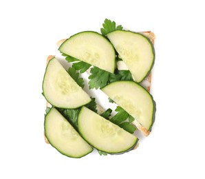 Tasty sandwiches with cucumber and parsley on white background, top view