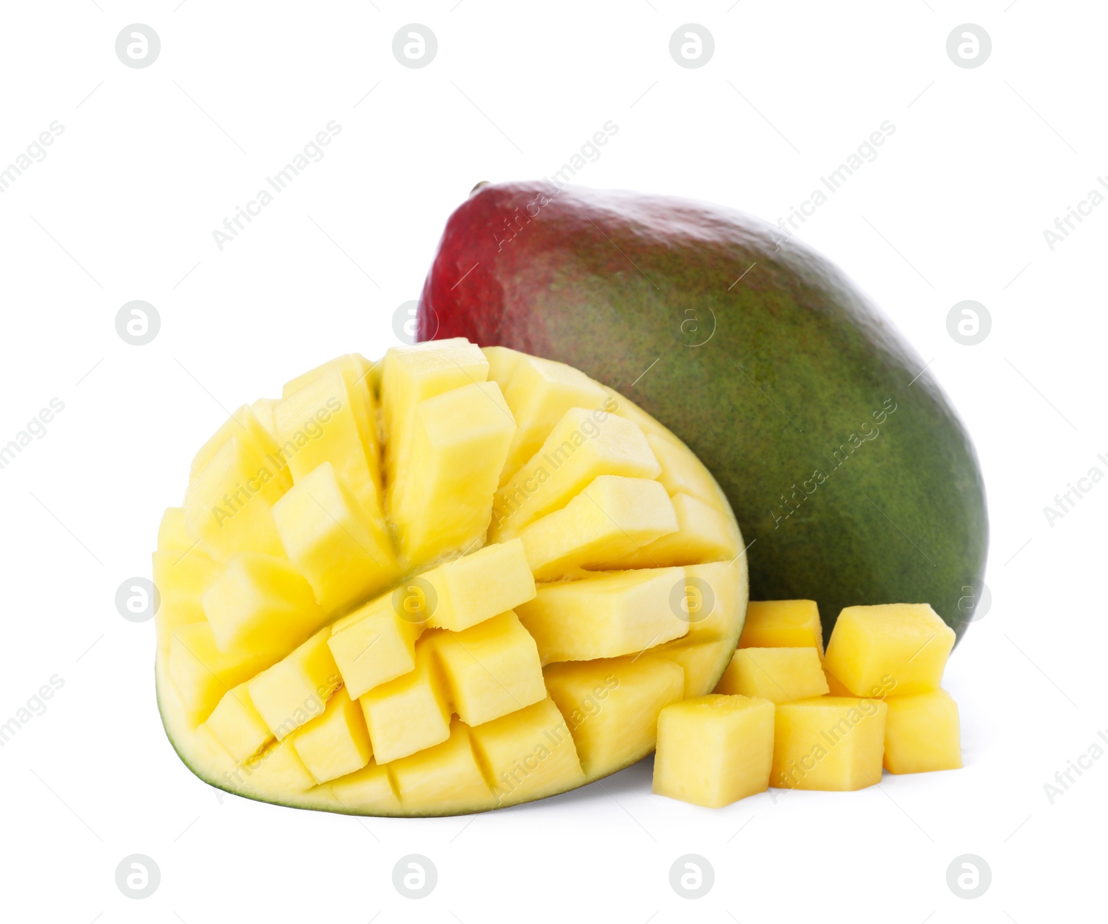 Photo of Cut and whole ripe mangoes isolated on white