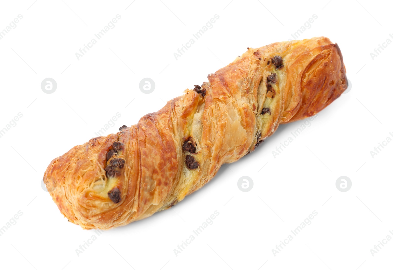 Photo of Tasty sweet bun with raisins isolated on white. Fresh pastry