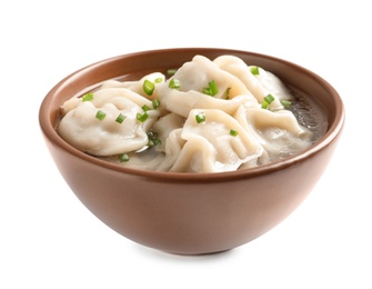 Photo of Bowl of tasty dumplings in broth isolated on white