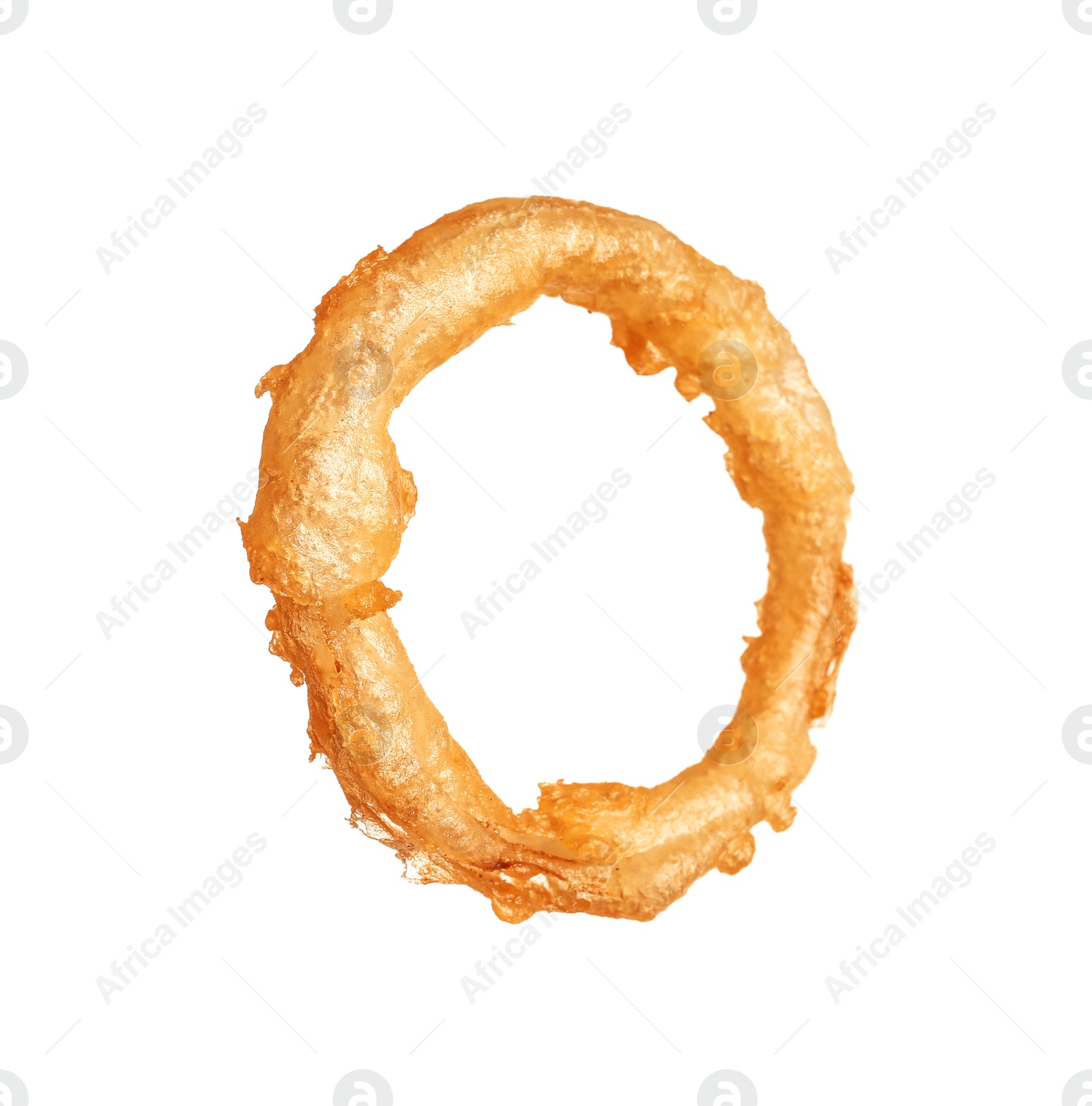 Photo of Delicious golden breaded and deep fried crispy onion ring on white background