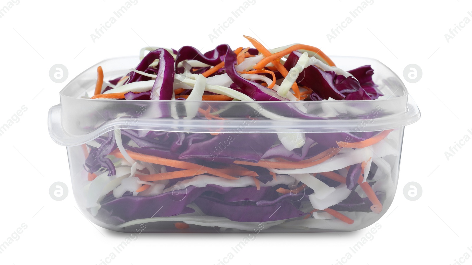 Photo of Fresh cabbage salad with shredded carrot in plastic container isolated on white