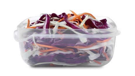 Photo of Fresh cabbage salad with shredded carrot in plastic container isolated on white