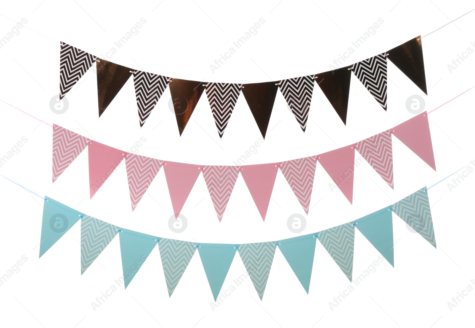 Photo of Buntings with colorful triangular paper flags on white background. Festive decor