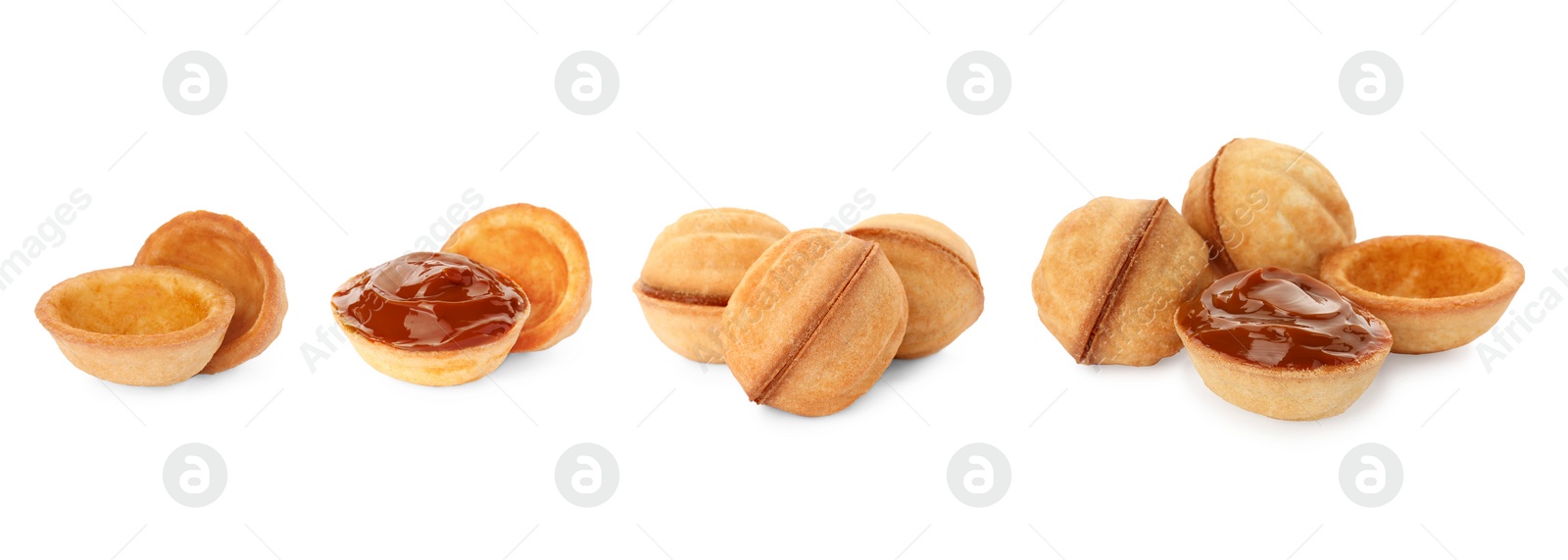 Image of Delicious nut shaped cookies with caramelized condensed milk isolated on white. Collage with empty shells, filled ones and whole cookies