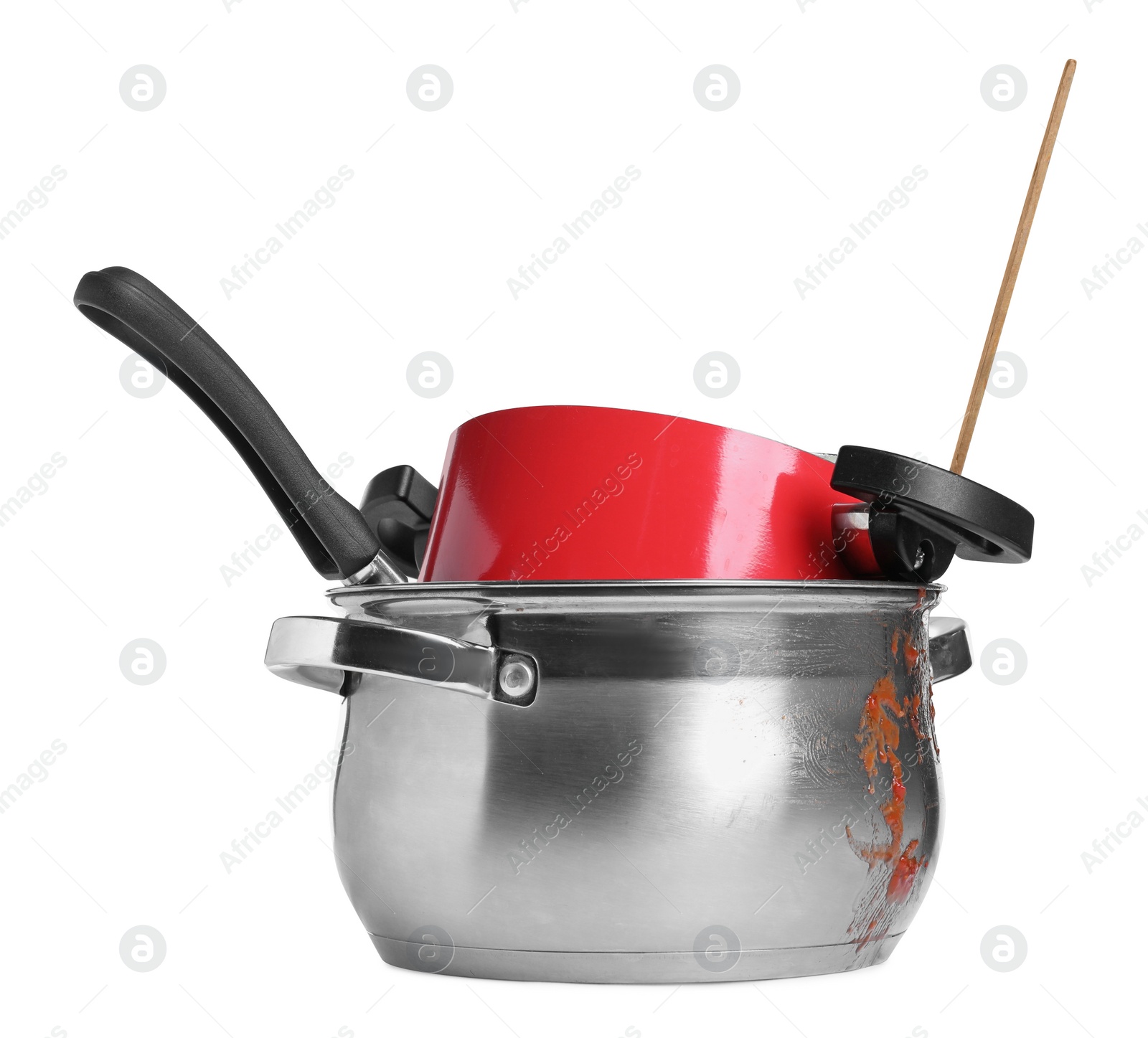 Photo of Stack of dirty dishes on white background