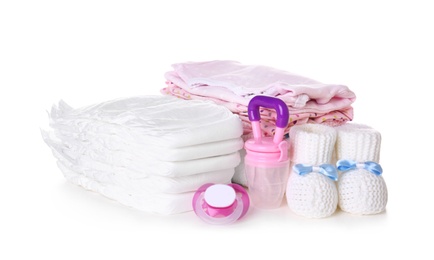 Set of baby accessories on white background