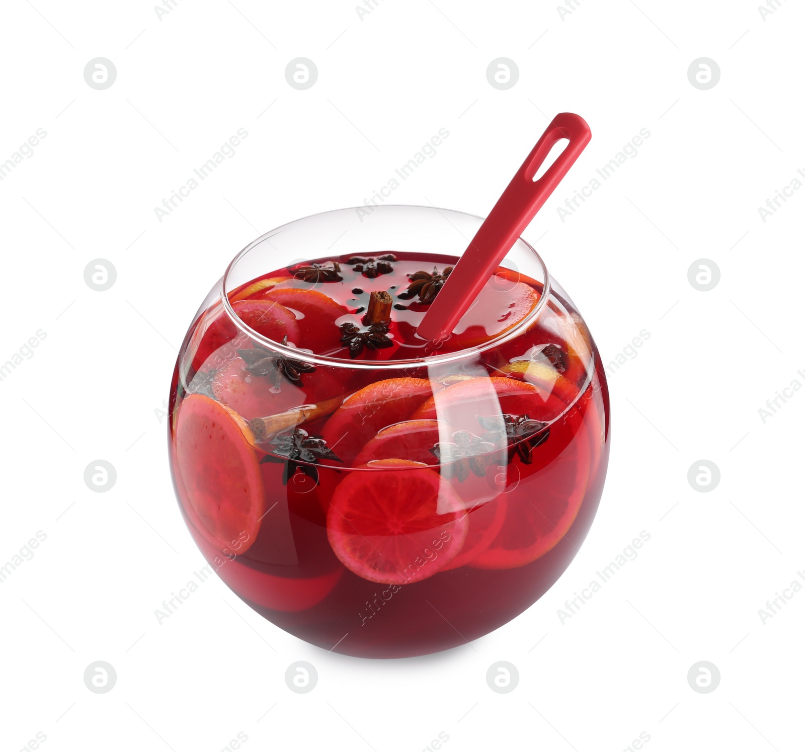 Photo of Glass bowl of delicious aromatic punch drink on white background