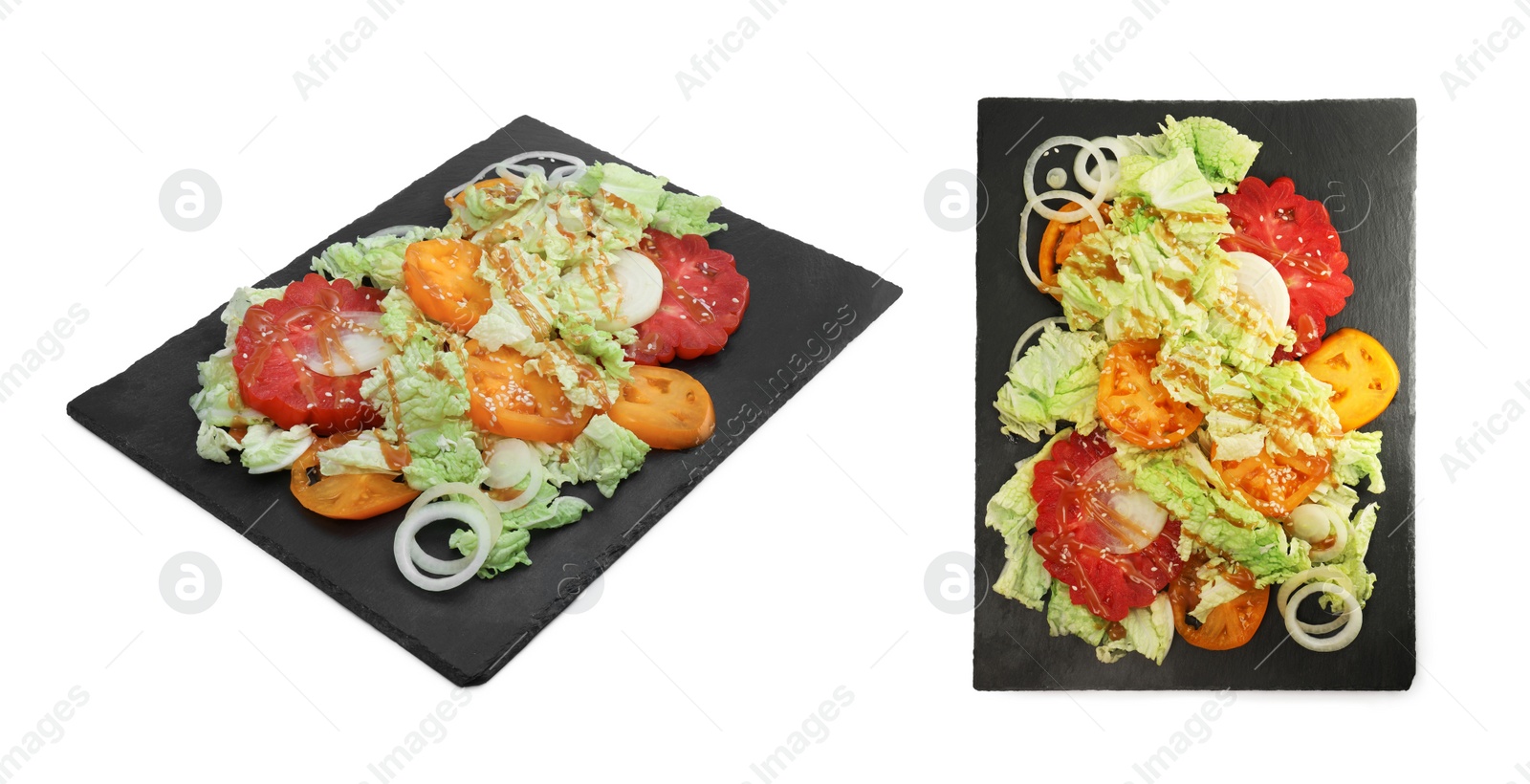 Image of Slate plate of delicious salad with Chinese cabbage, tomatoes and onion on white background, top and side views