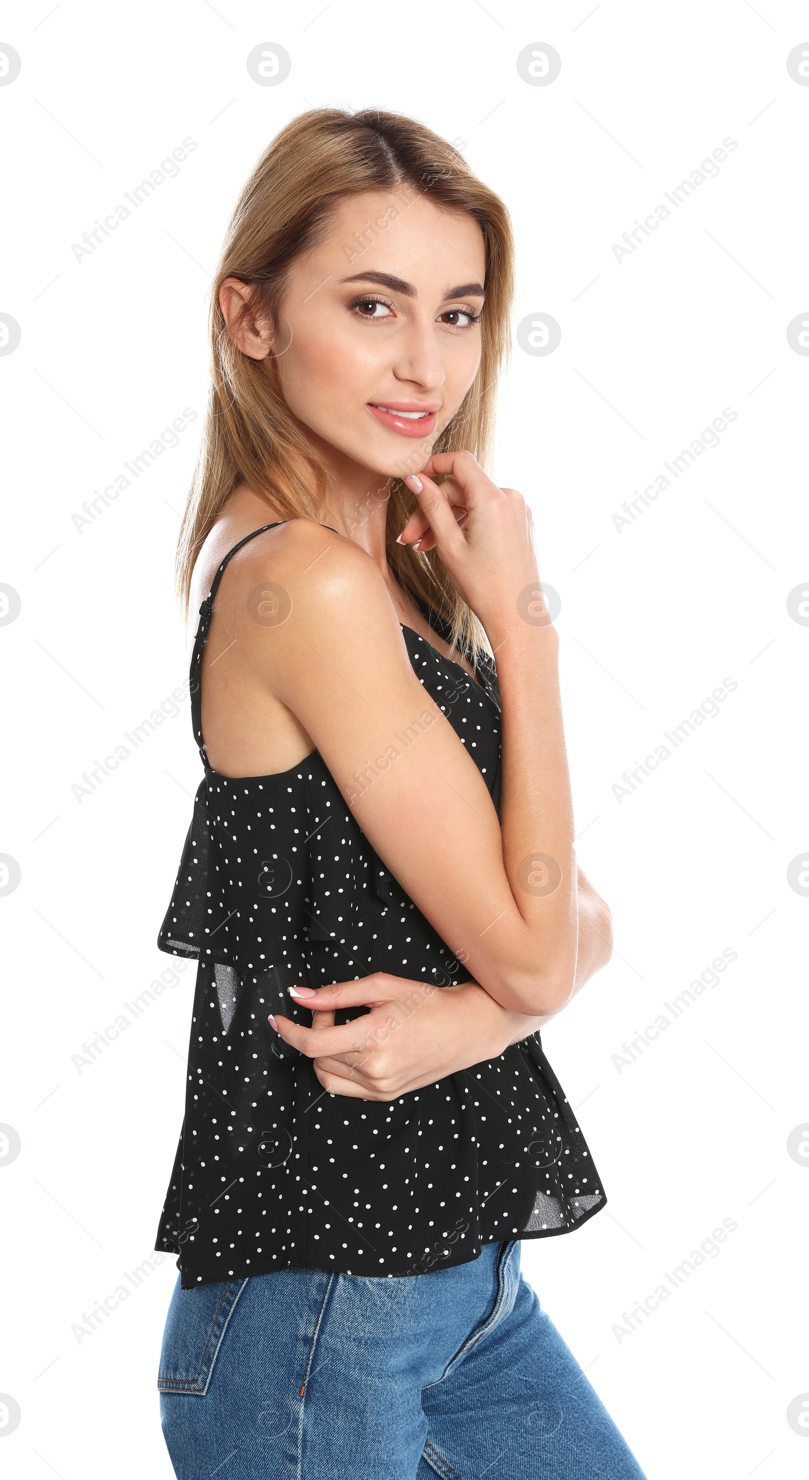 Photo of Beautiful young woman posing on white background