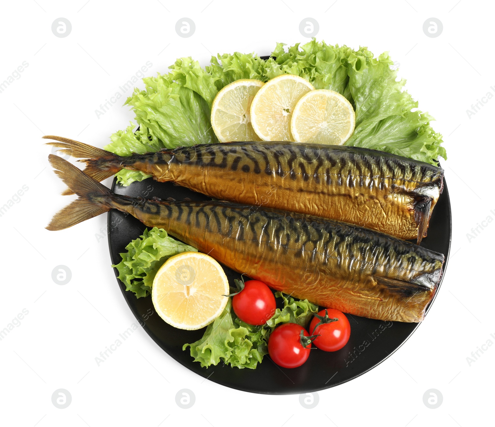 Photo of Plate with smoked fish isolated on white, top view