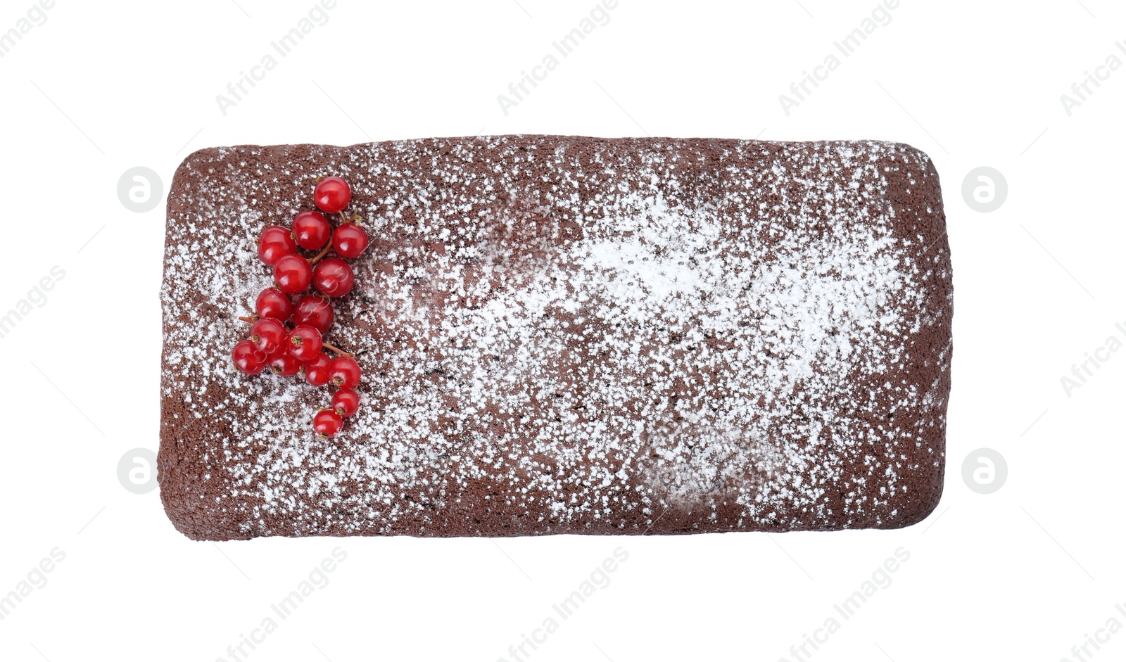 Photo of Tasty chocolate sponge cake with powdered sugar and currant isolated on white, top view