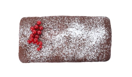 Photo of Tasty chocolate sponge cake with powdered sugar and currant isolated on white, top view