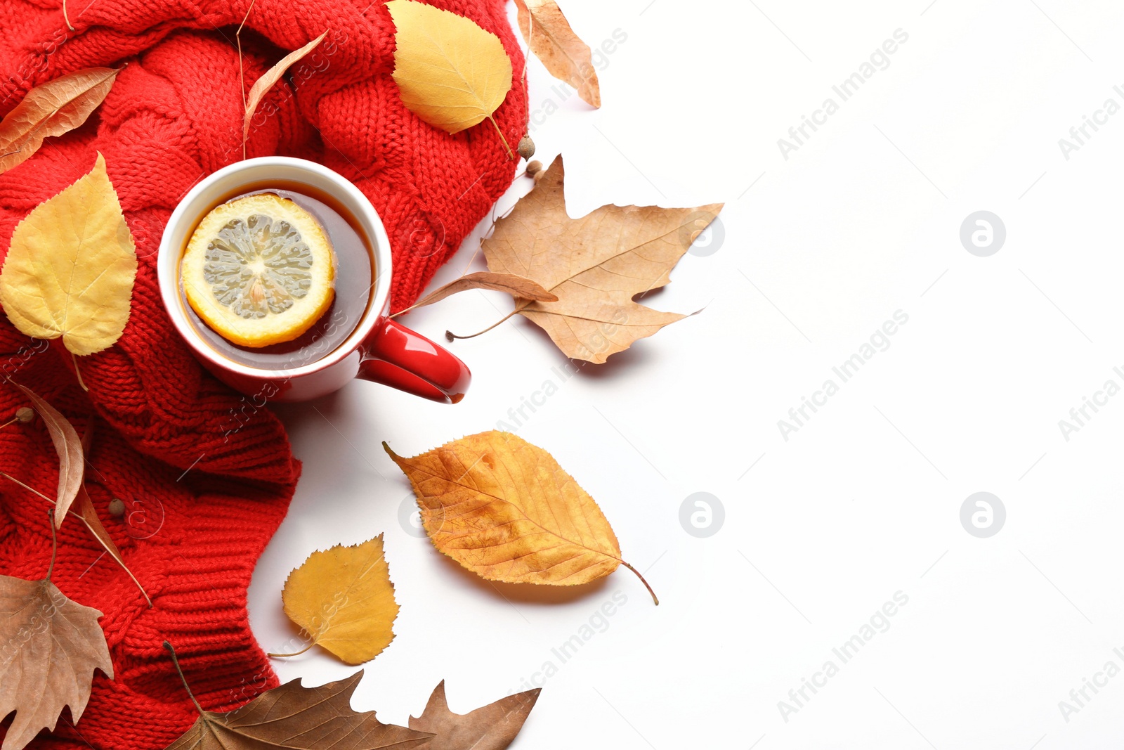 Photo of Composition with hot drink on white background, top view. Cozy autumn