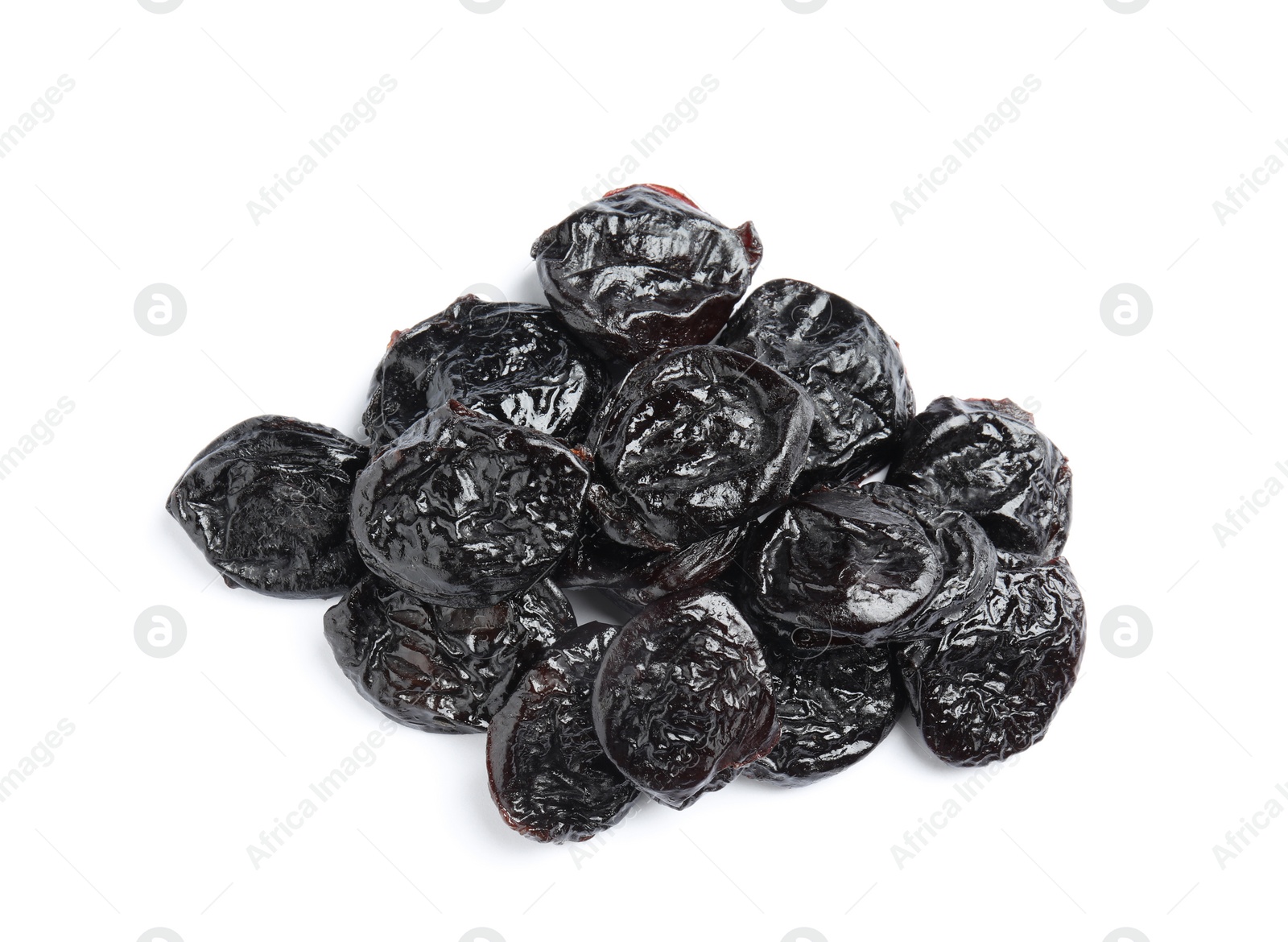 Photo of Heap of tasty prunes on white background. Dried fruit as healthy snack