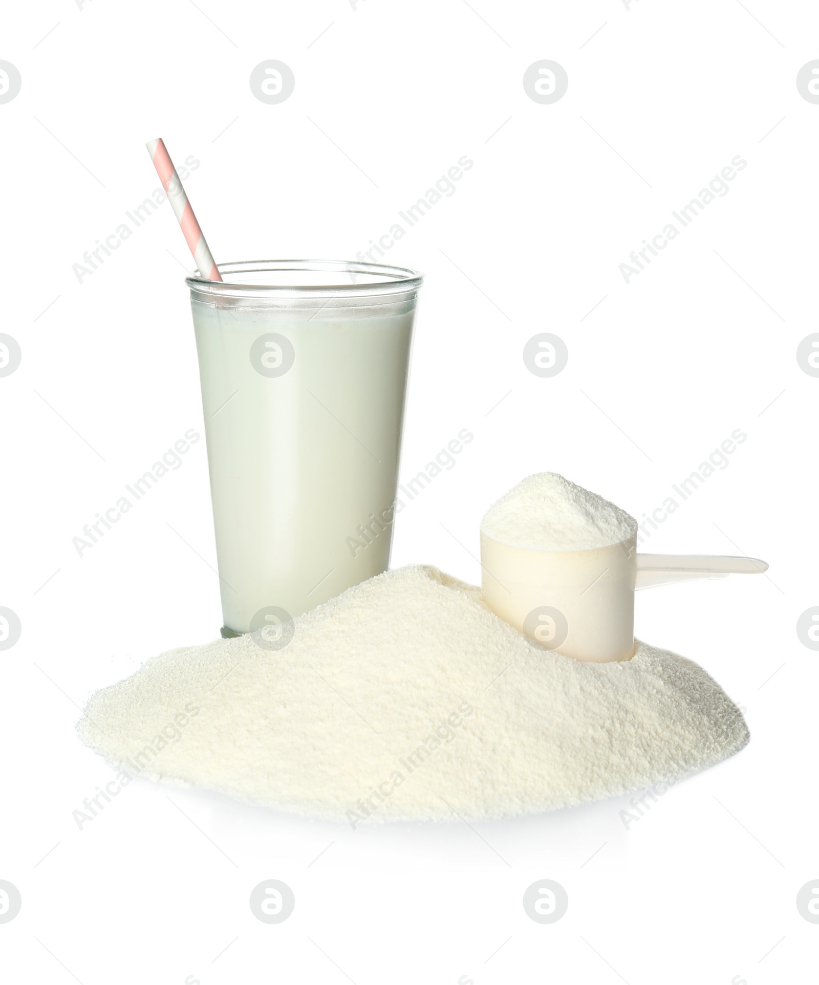 Photo of Protein shake in glass and powder isolated on white