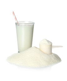 Photo of Protein shake in glass and powder isolated on white