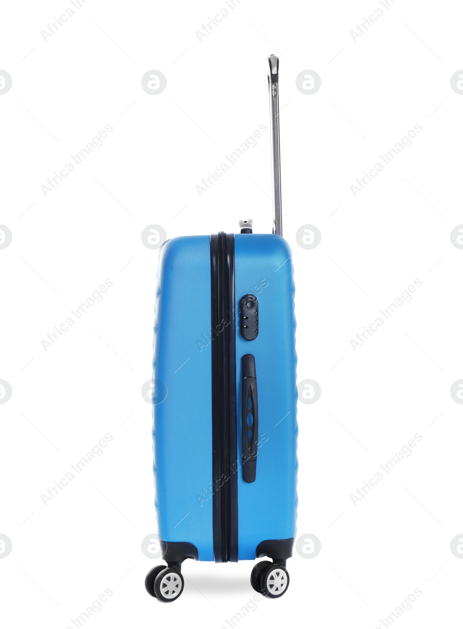 Photo of Blue suitcase for travelling on white background