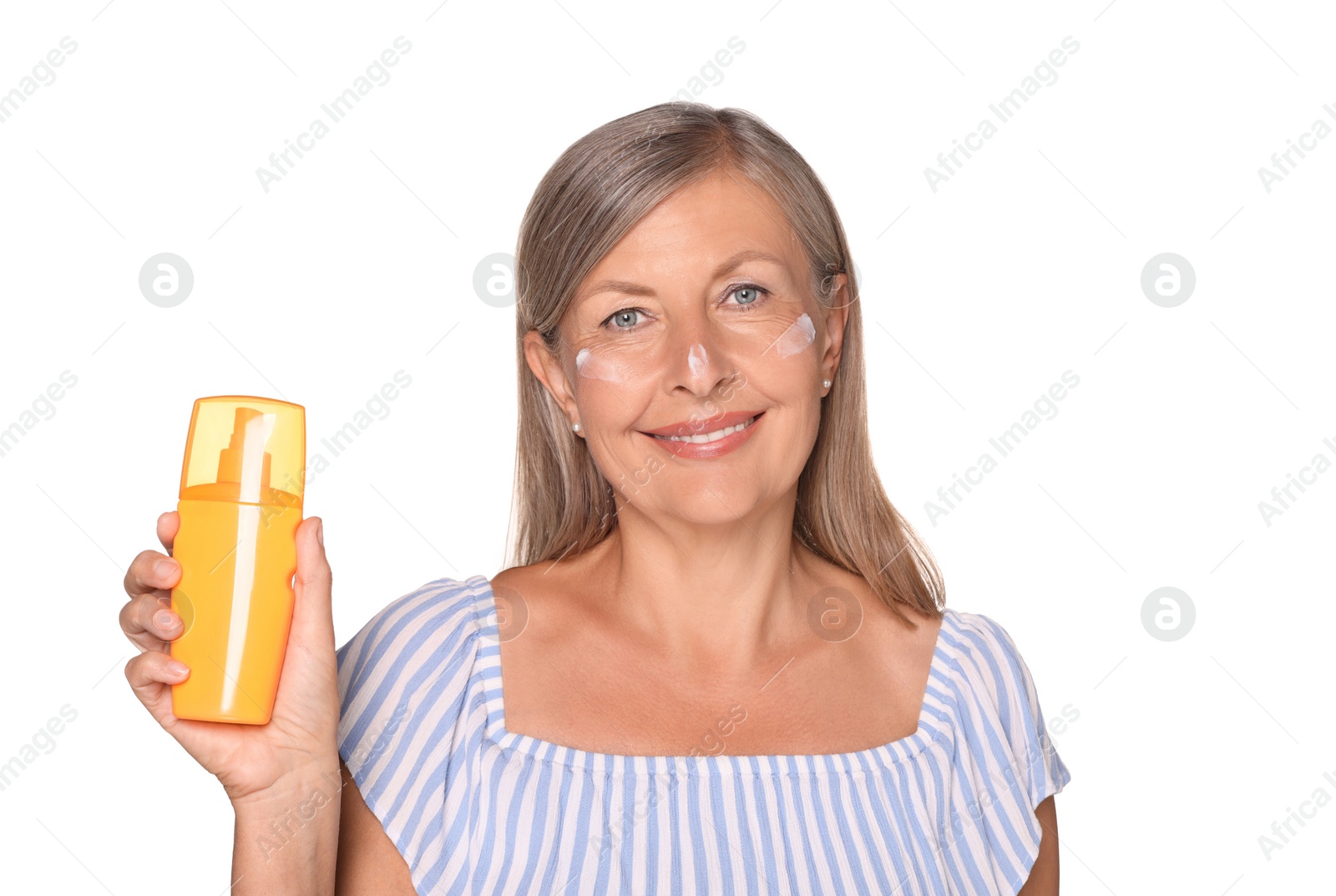 Photo of Beautiful senior woman with sun protection cream isolated on white