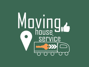 Image of Movers service. Illustration of truck and location symbol on green background 