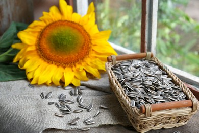 Organic sunflower seeds and flower on cloth near window