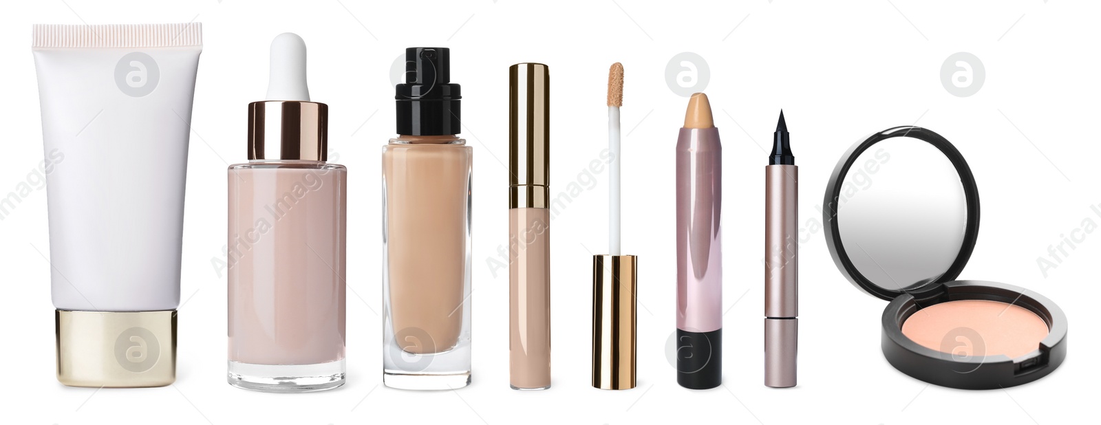 Image of Set with different decorative cosmetic products on white background. Banner design