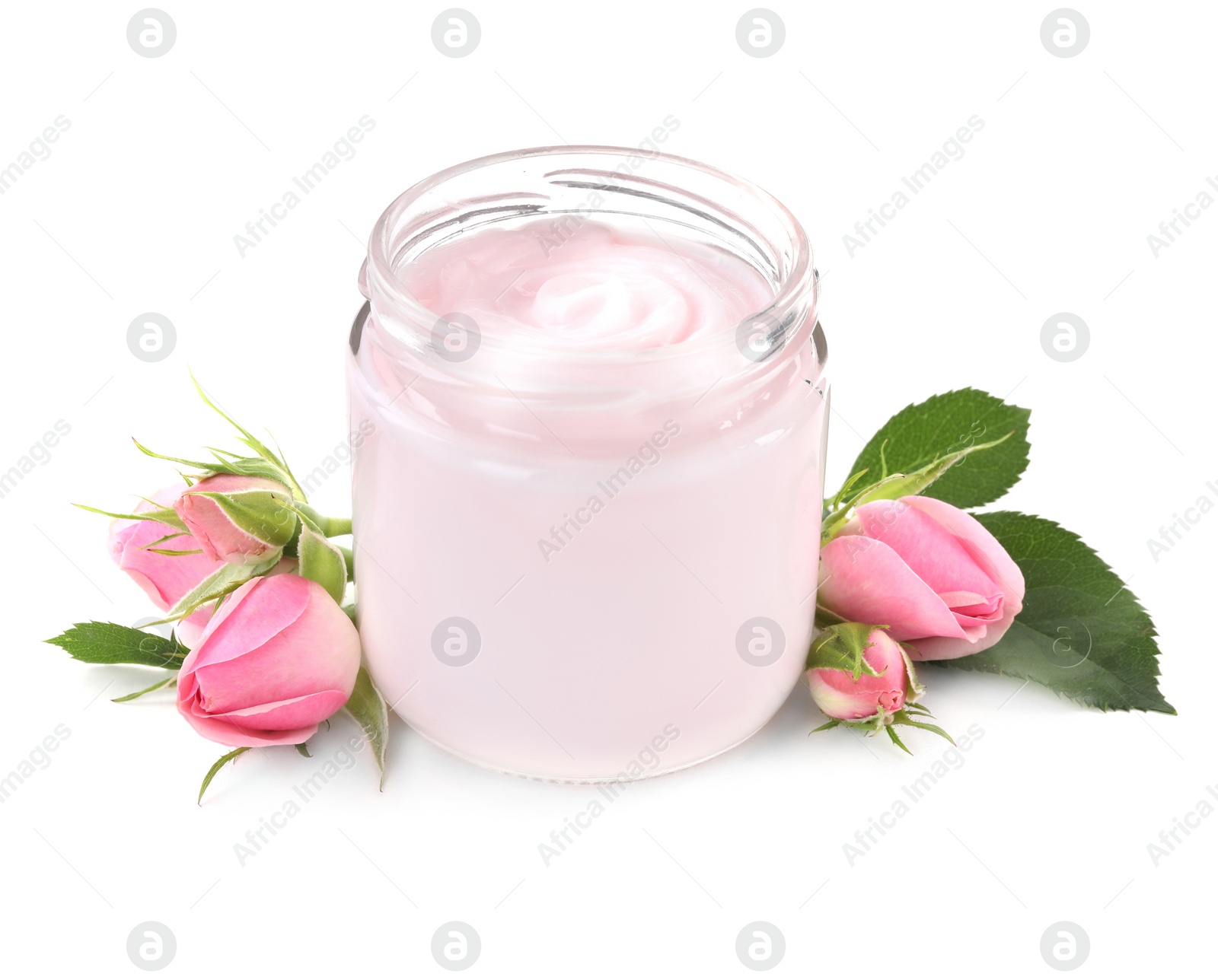 Photo of Jar of hand cream and roses on white background