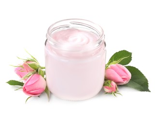 Photo of Jar of hand cream and roses on white background