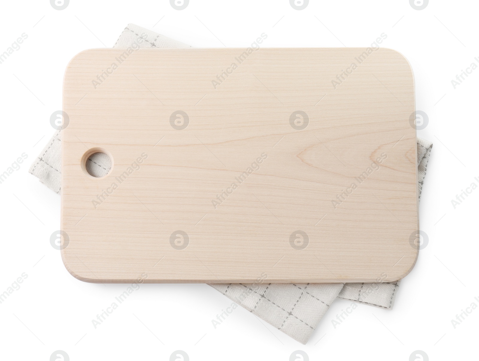 Photo of Wooden cutting board and checkered towel isolated on white, top view