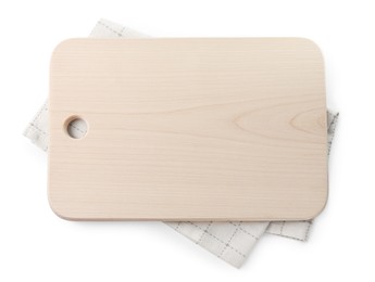 Photo of Wooden cutting board and checkered towel isolated on white, top view