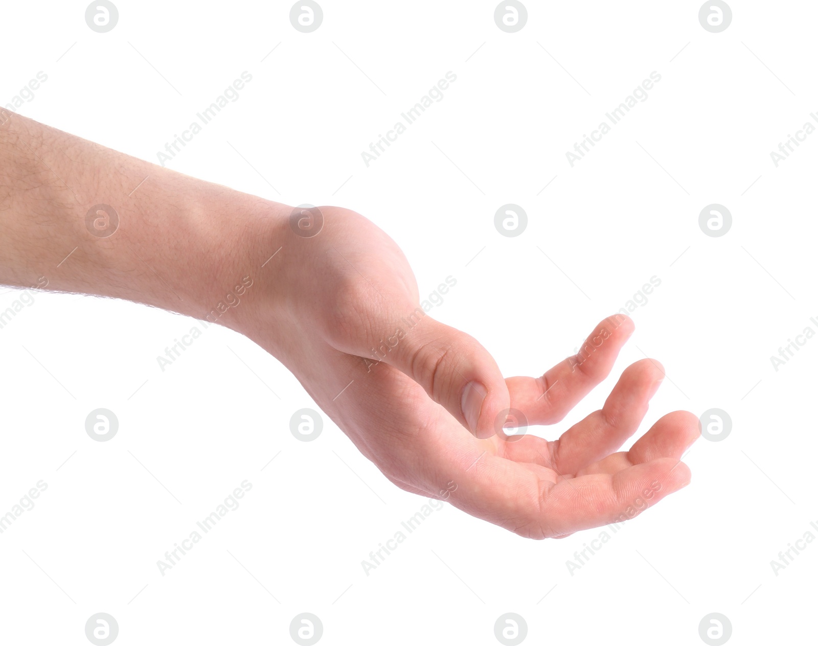 Photo of Man holding hand on white background, closeup