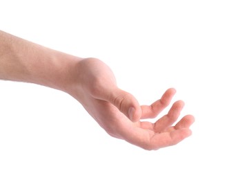 Photo of Man holding hand on white background, closeup