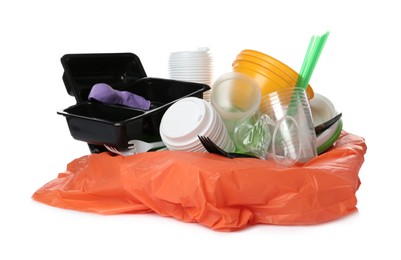 Pile of different plastic items on white background