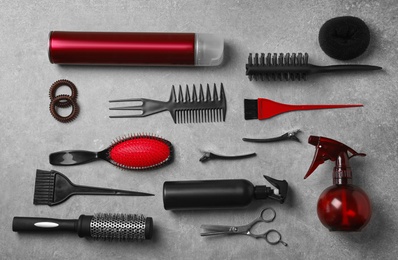 Professional hairdresser set on grey background