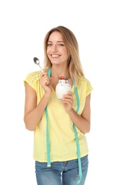 Photo of Happy slim woman with measuring tape and yogurt on white background. Positive weight loss diet results