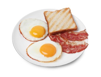 Photo of Plate with delicious fried eggs, bacon and toast isolated on white