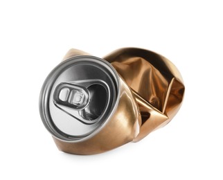 Golden crumpled can with ring isolated on white