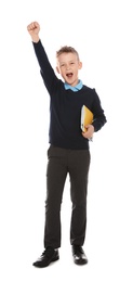 Photo of Full length portrait of emotional boy in school uniform on white background