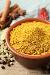 Curry powder in bowl and other spices on wooden table, closeup