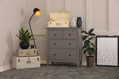 Stylish room interior with storage trunks, grey chest of drawers and plants