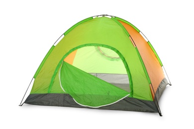 Photo of Comfortable colorful camping tent on white background