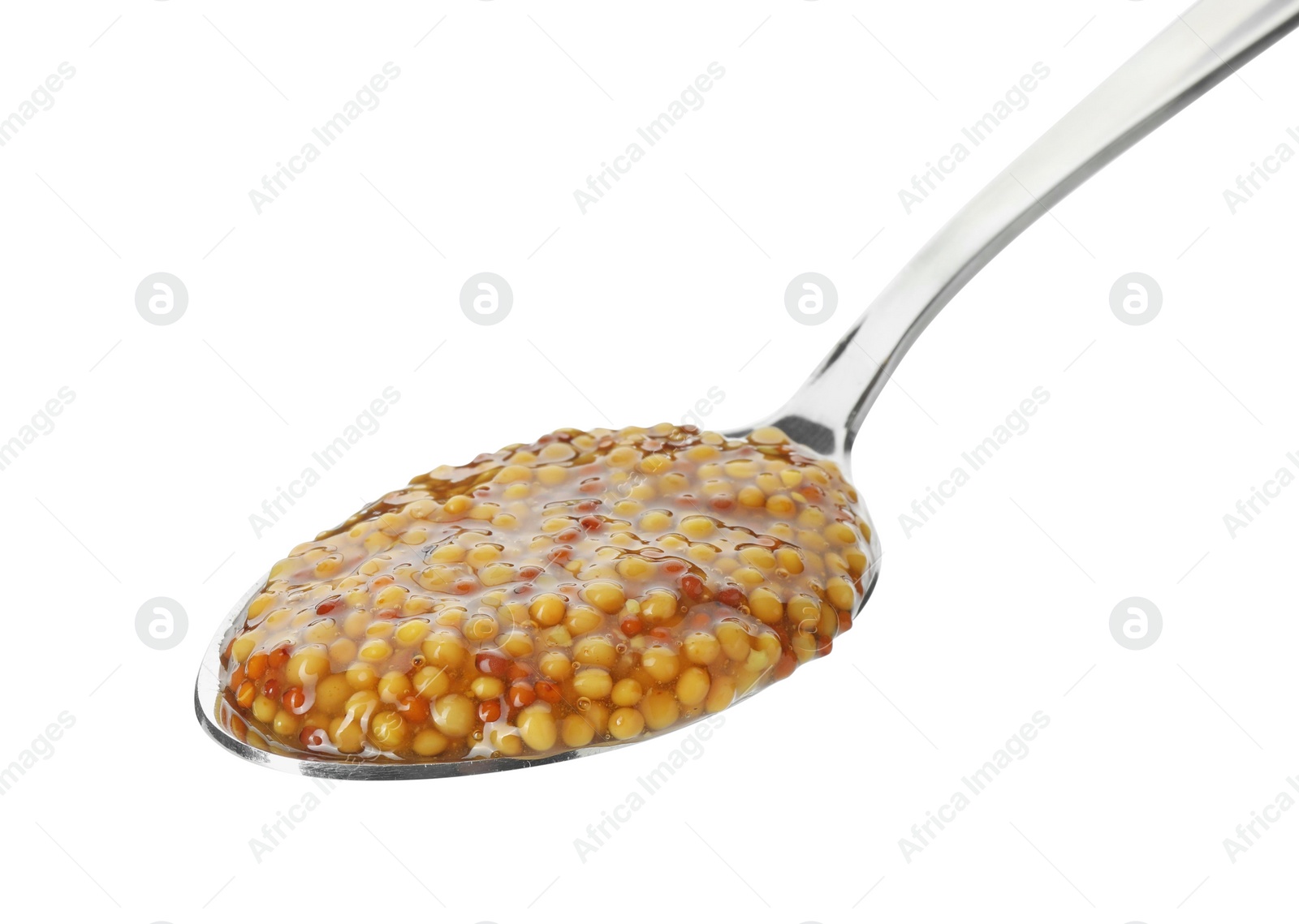 Photo of Spoon with fresh whole grain mustard isolated on white